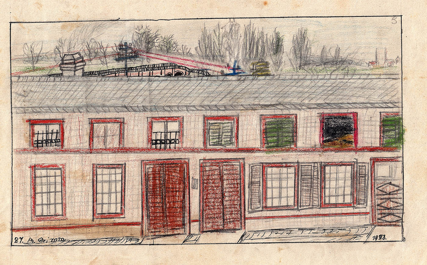 1928 Bleistiftzeichnung Blick von Meisterschule Richtung Main GG