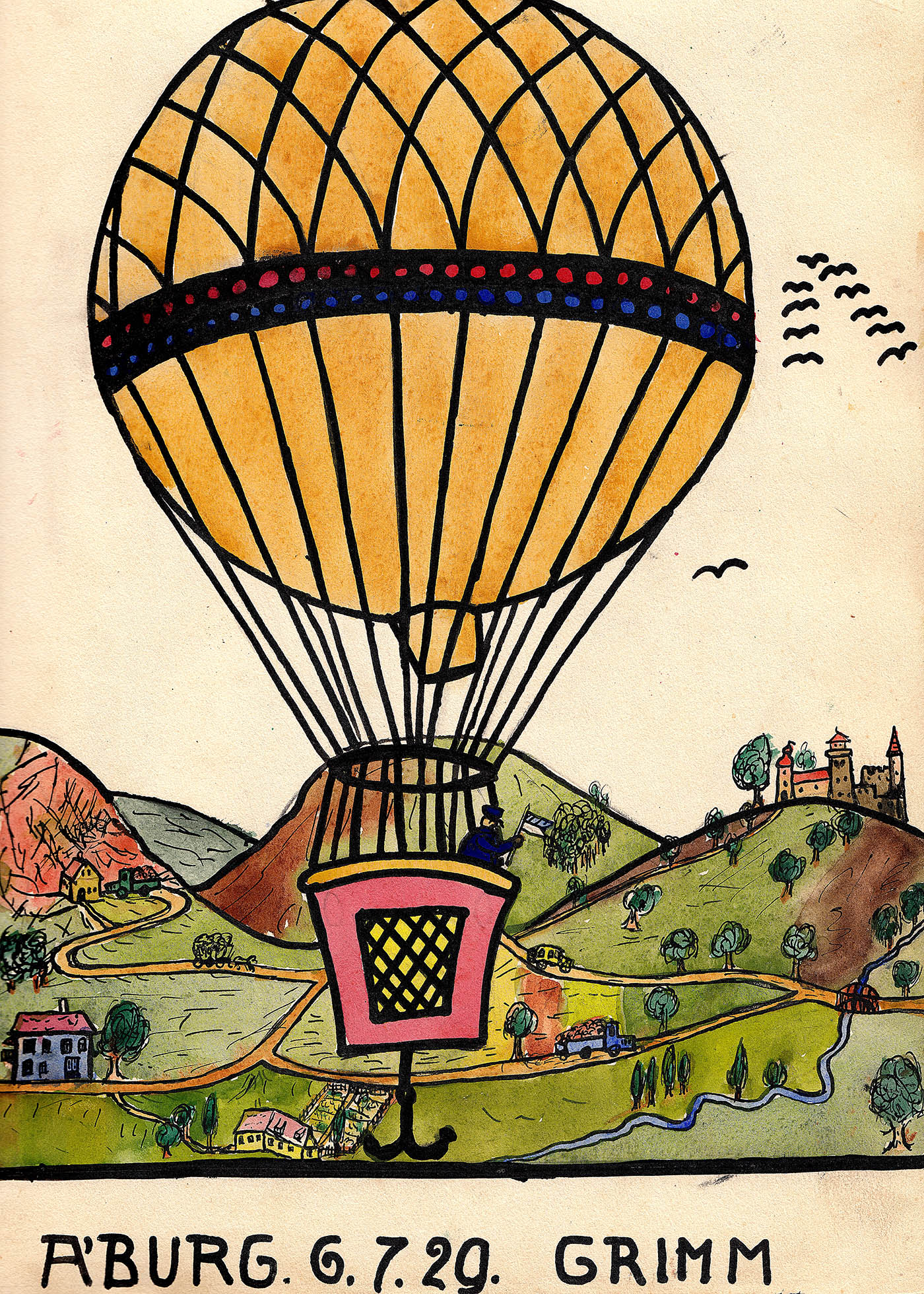 1929 Aquarell Ballonflug GG