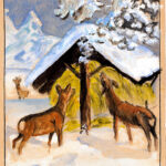 1931 Aquarell Wintermotiv mit Wald und Tier GG