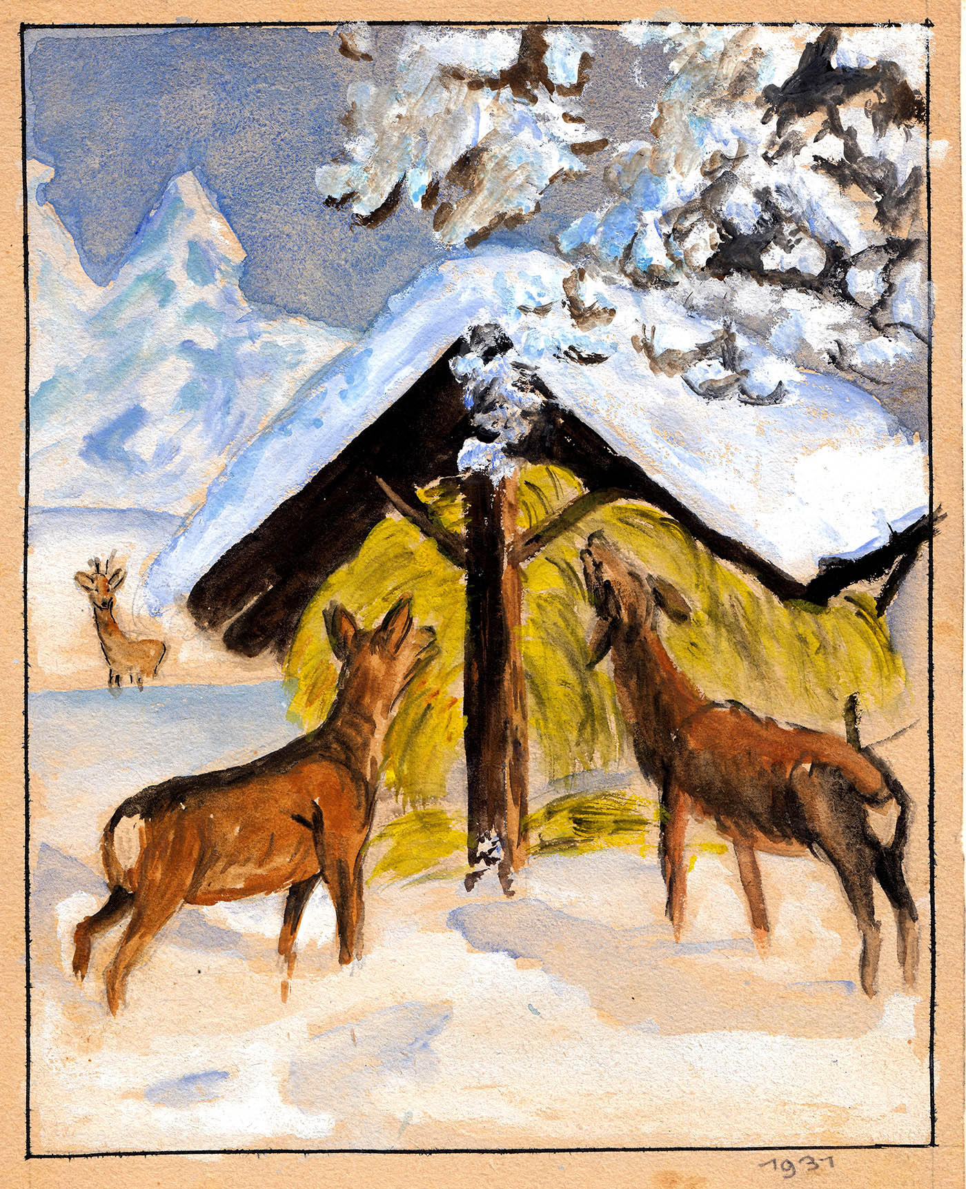 1931 Aquarell Wintermotiv mit Wald und Tier GG
