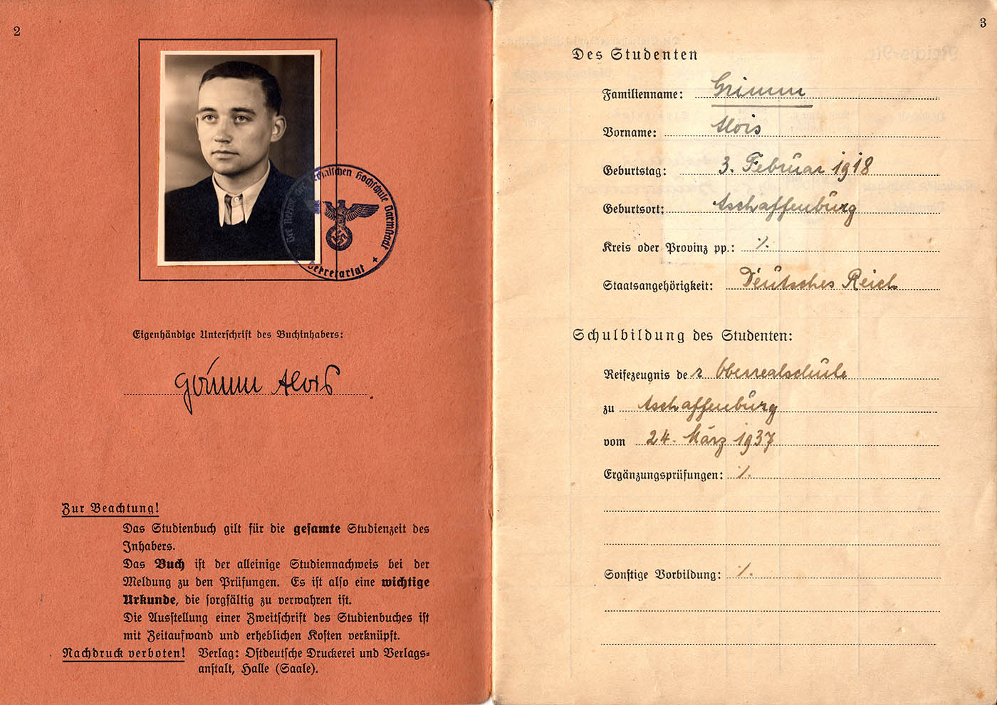 1942 Studienbuch Seite 2 + 3 vom 4