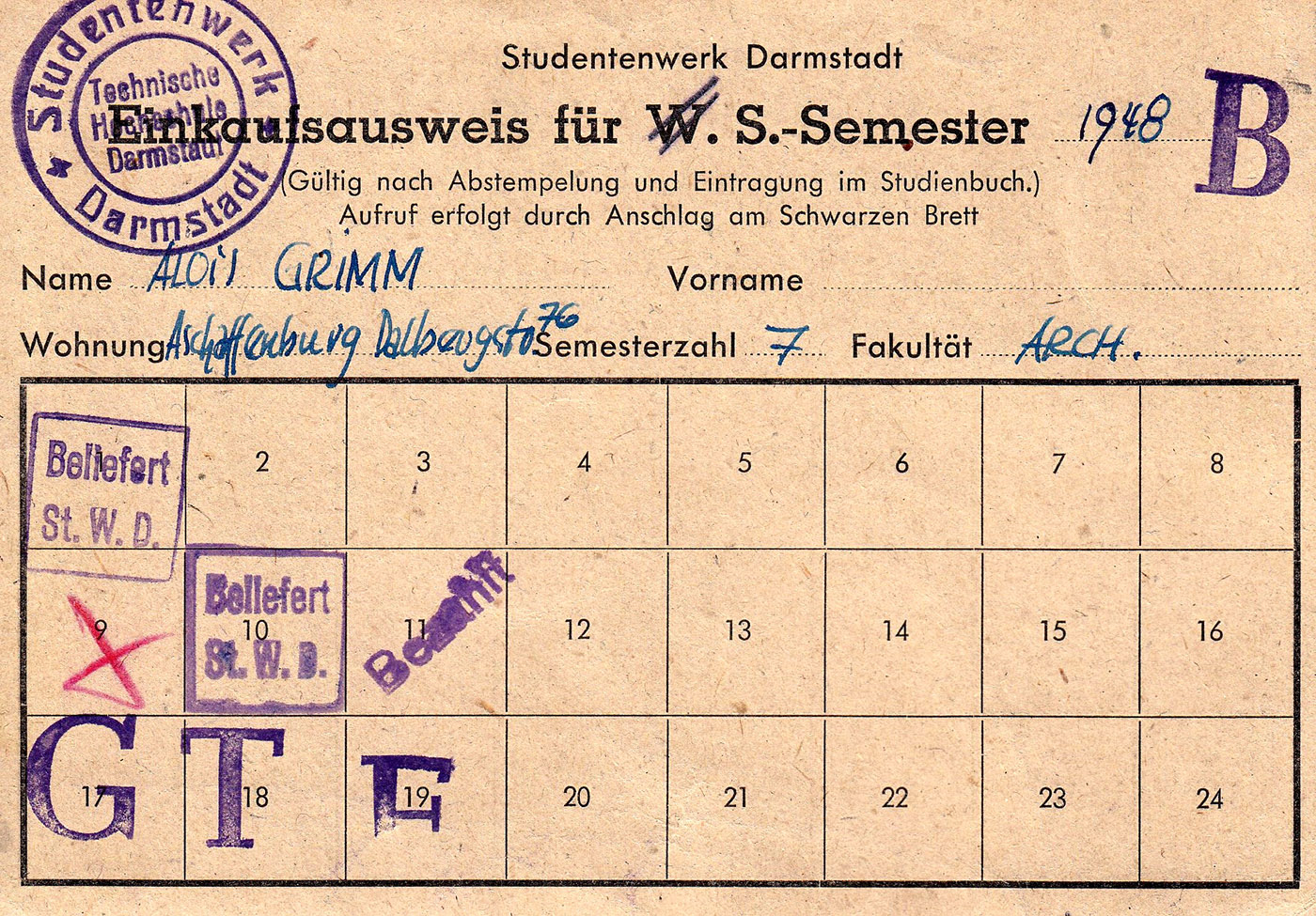 1948 TU Darmstadt Einkaufsausweis S Semester Studentenwerk