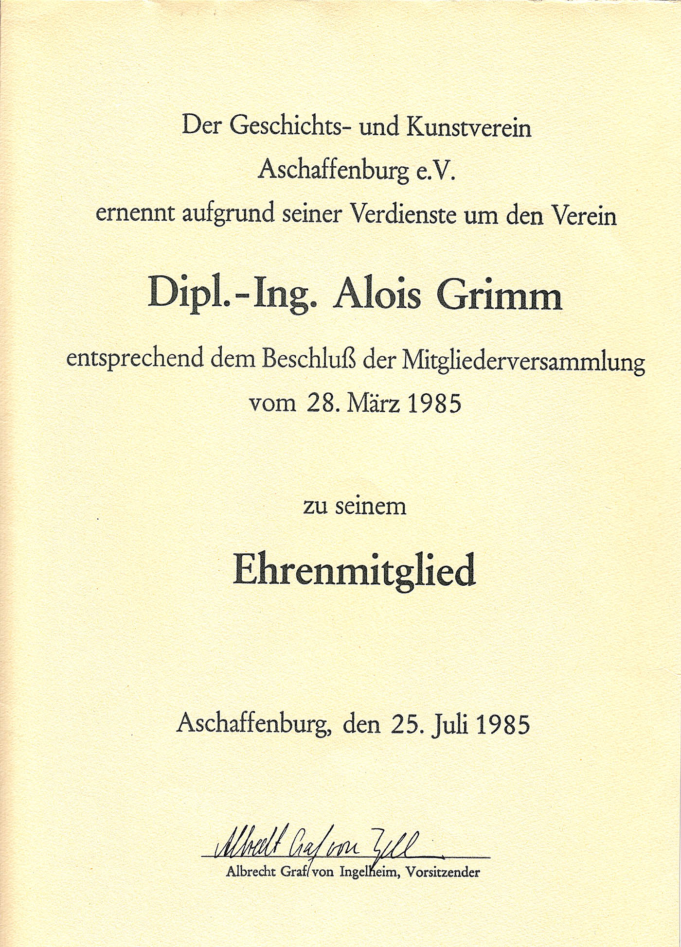 1985 Geschichtsverein Ehrenmitgliedschaft