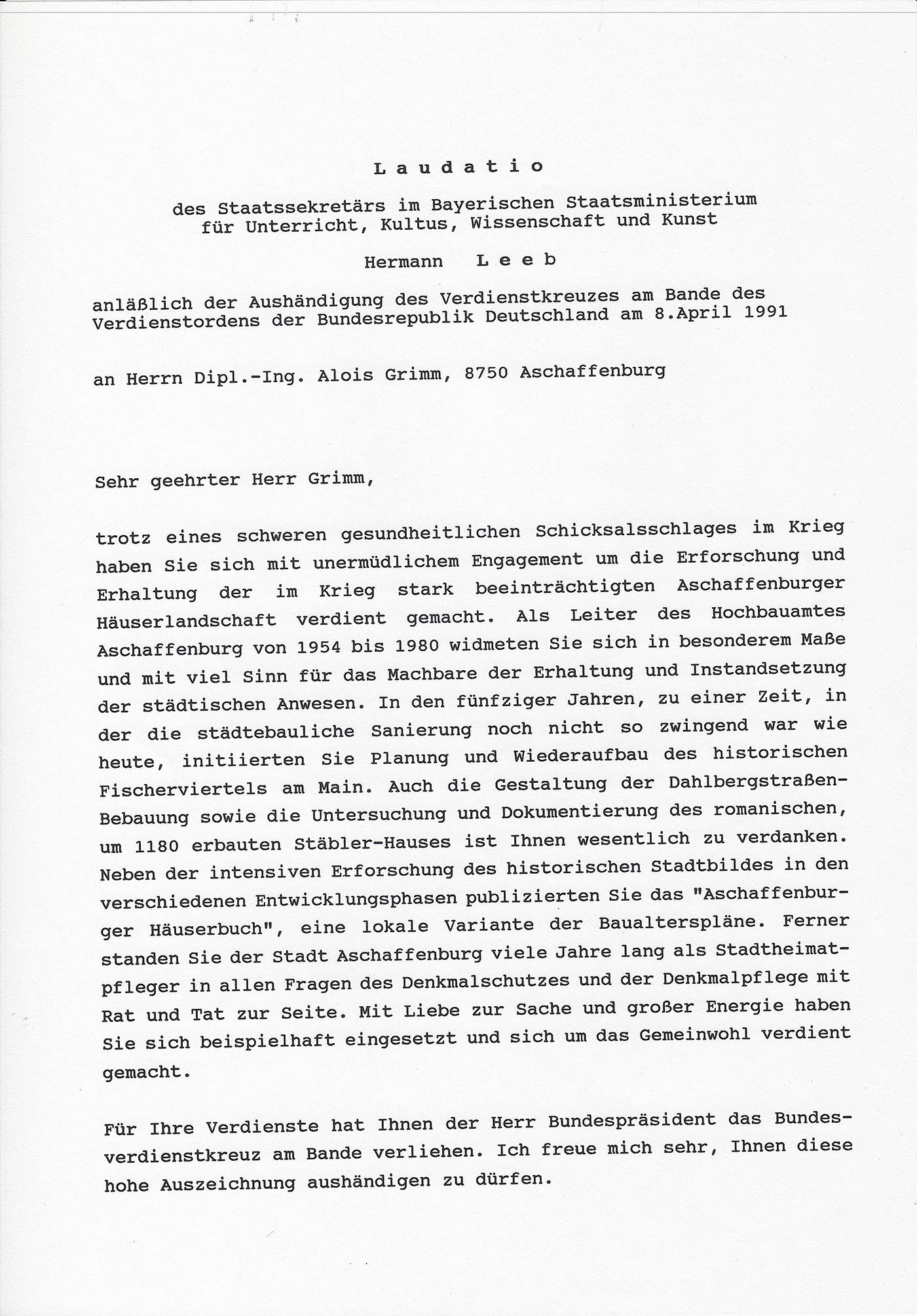 1991 Laudatio Hermann Leeb für Alois Grimm Verdienste